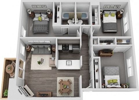 Floor plan for 3 beds, 2 baths, 1115 sqft